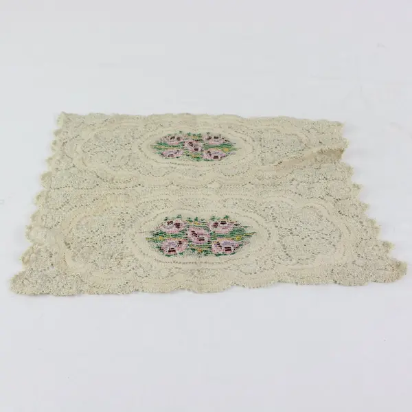 Set of 2 Beige Lace Doilies Floral Cross-Stitch Embroidered Table Decor