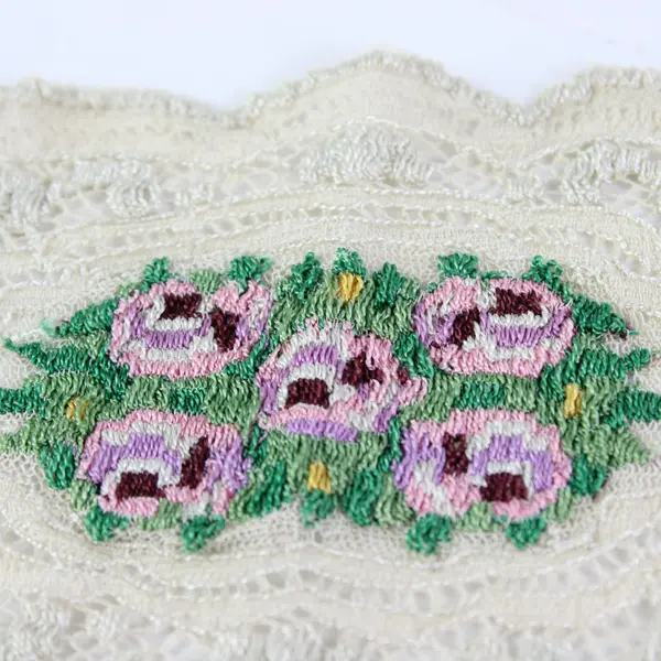 Set of 2 Beige Lace Doilies Floral Cross-Stitch Embroidered Table Decor