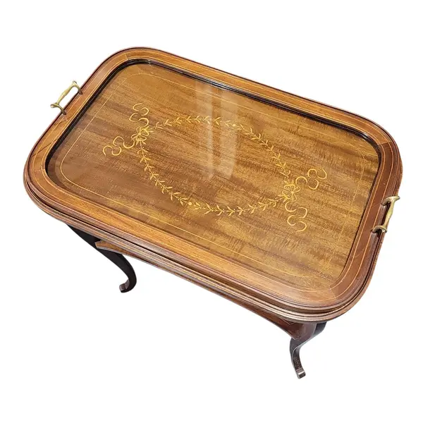 Vintage Mahogany Tray Table Removable Glass Brass Handles - Local Pickup Only