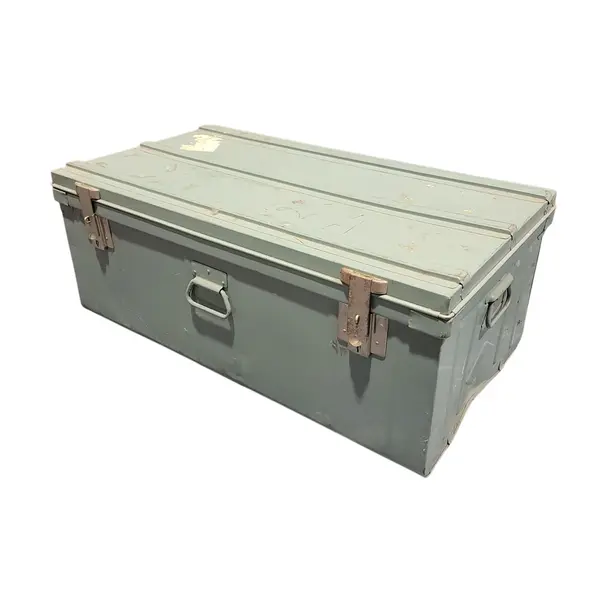 Vintage Large Metal Storage Chest Trunk Gray Locking Tool Box