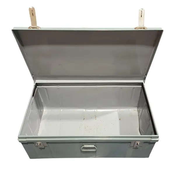 Vintage Large Metal Storage Chest Trunk Gray Locking Tool Box