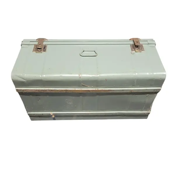Vintage Large Metal Storage Chest Trunk Gray Locking Tool Box