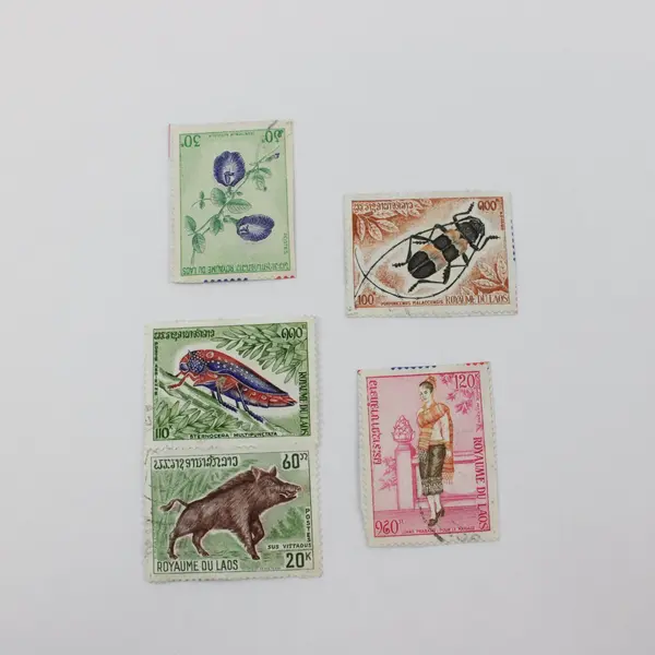 Lot Of 5 Laos 1958-1974 Stamps Used On Paper