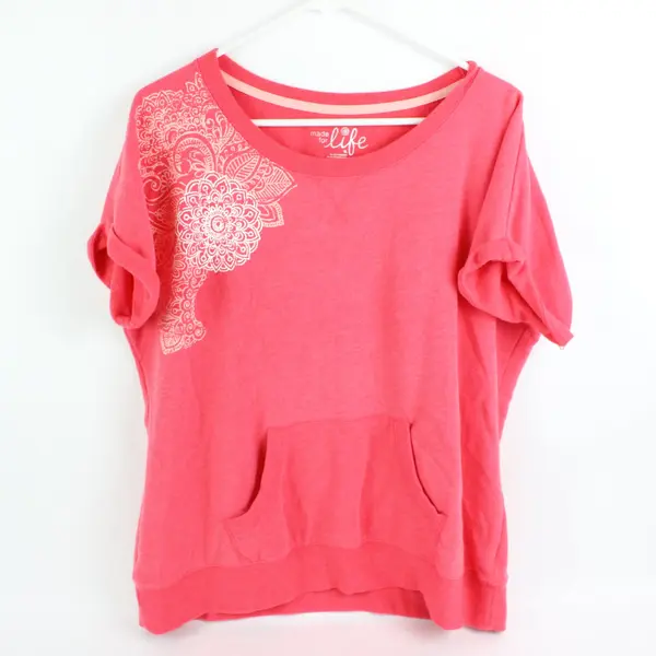 Made For Life Women's XL Coral Floral Graphic T-Shirt Kangaroo Pocket