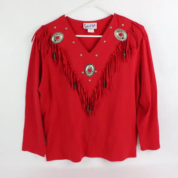 Sas'sa Women's Large Red Western Long Sleeve Shirt Collar Stain