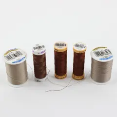 Lot of 5 Brown Light Gray Thread Spools Coats & Clark Mettler Quilting Crafts