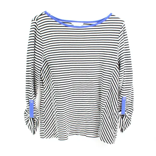 Christopher & Banks Women's PM Striped Roll-Tab Sleeve Top Black Blue White