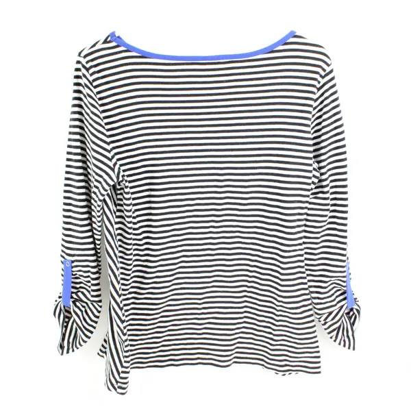Christopher & Banks Women's PM Striped Roll-Tab Sleeve Top Black Blue White