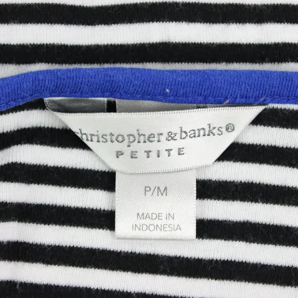 Christopher & Banks Women's PM Striped Roll-Tab Sleeve Top Black Blue White