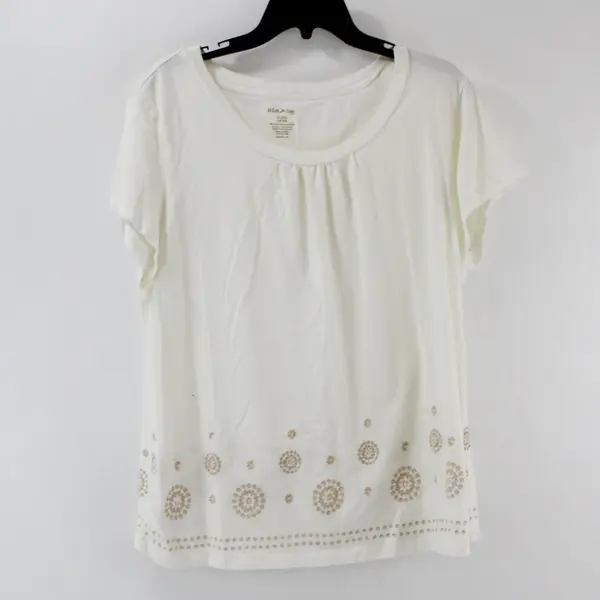 White Stag Off-White Short Sleeve Top Gold Embroidered Circular Pattern XL