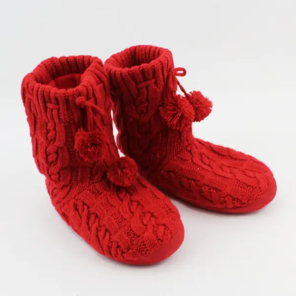 Women's Red Cable Knit Slipper Socks Boots Puff Balls Traction Dots Size M