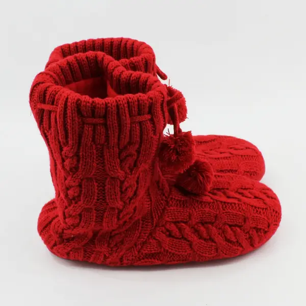 Women's Red Cable Knit Slipper Socks Boots Puff Balls Traction Dots Size M