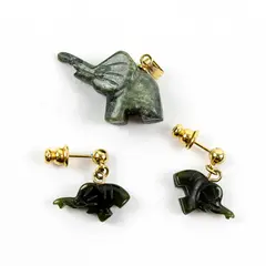 Carved Jade Elephant Pendant with Matching Earrings Green