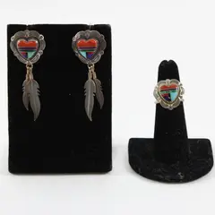 Quoc Sterling Silver Multicolor Inlay Heart Earrings Ring Set Size 5.5