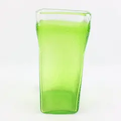 Vintage Handblown Green Bubble Art Glass Vase Square Flared 10 Inch