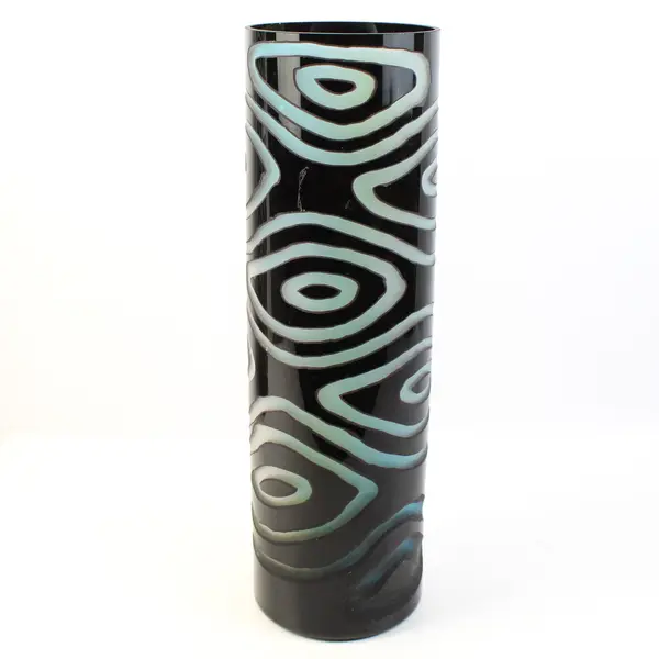 Large Black Glass Vase With Gray Swirls 16"