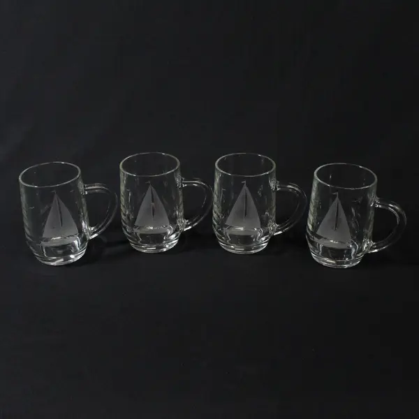 Set of 4 Vintage Clear Glass Mugs with Handles Etched Sailboat 4.2in