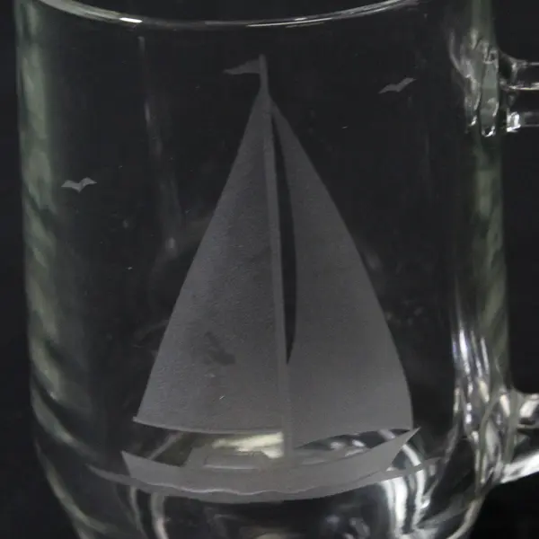 Set of 4 Vintage Clear Glass Mugs with Handles Etched Sailboat 4.2in