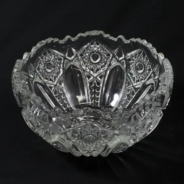 L.E. Smith Hobstar & File Clear Pressed Glass Serving Bowl 8" Scalloped Rim