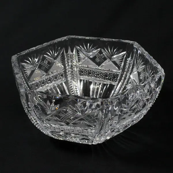 Antique American Brilliant Period Hexagonal Cut Glass Bowl Starburst Geometric