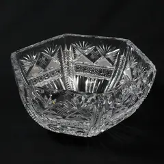 Antique American Brilliant Period Hexagonal Cut Glass Bowl Starburst Geometric