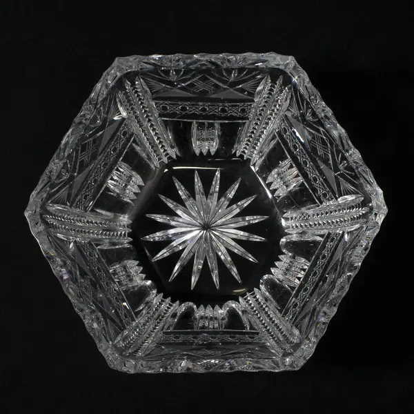 Antique American Brilliant Period Hexagonal Cut Glass Bowl Starburst Geometric