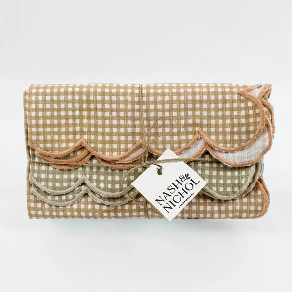 Nash & Nichol Set of 4 Cotton Scalloped Napkins Green Beige NWT