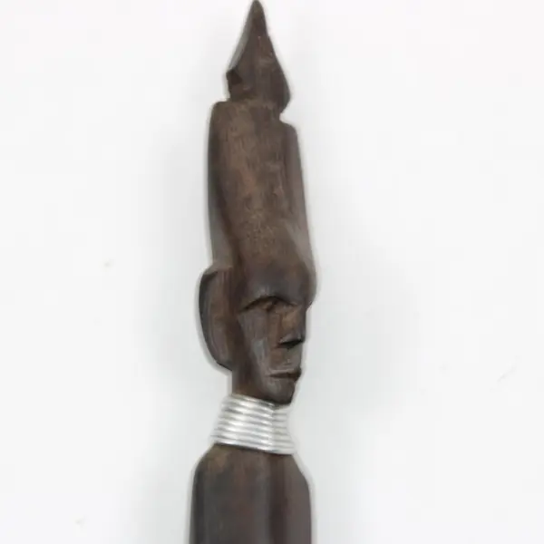 Wooden African Hand Carved Tribal Letter Opener Metal Rings Vintage Ebony Wood