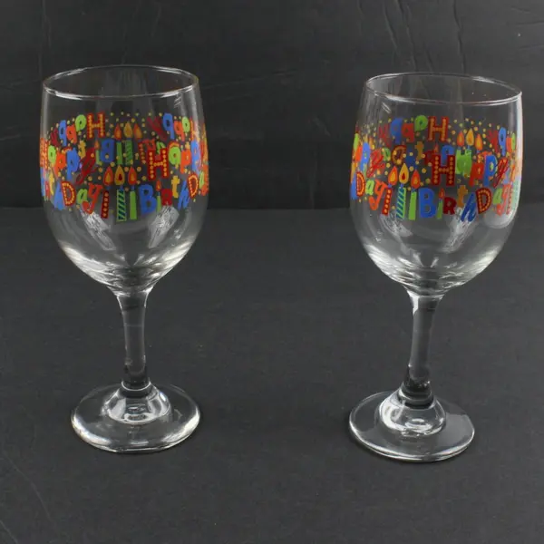 Set of 2 Happy Birthday Clear Wine Glasses 7 Inch Party Drinkware