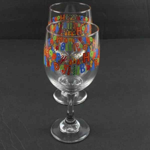 Set of 2 Happy Birthday Clear Wine Glasses 7 Inch Party Drinkware