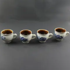 Set of 4 Vintage Mid Century Modern Stoneware Teacups Blue Brown Floral