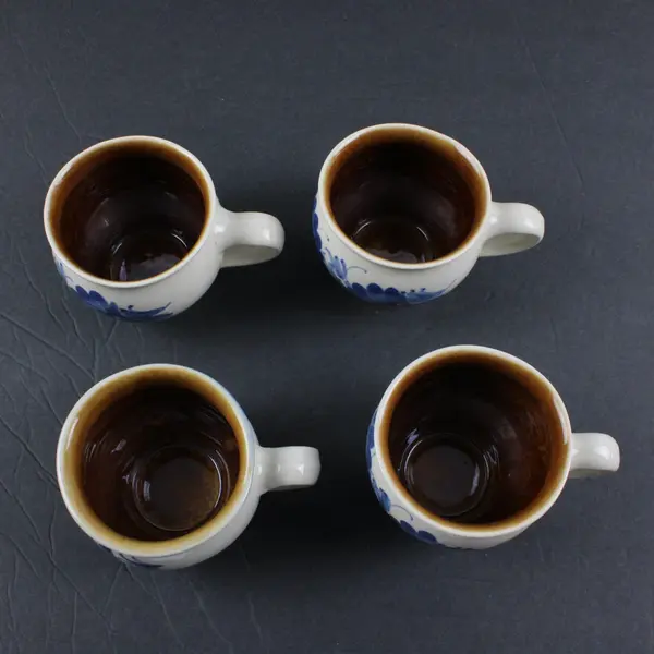 Set of 4 Vintage Mid Century Modern Stoneware Teacups Blue Brown Floral