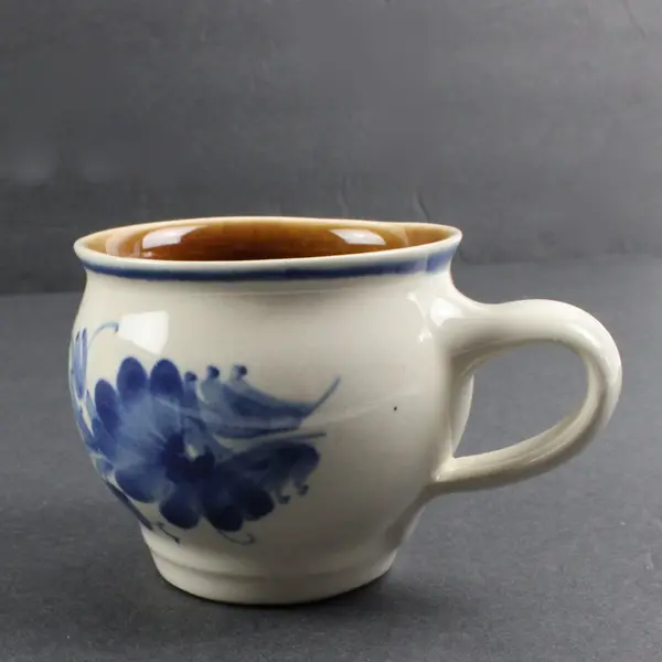 Set of 4 Vintage Mid Century Modern Stoneware Teacups Blue Brown Floral