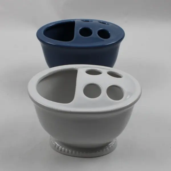 Lot of 2 Ceramic Toothbrush Holders Blue White 4 Inch Bathroom