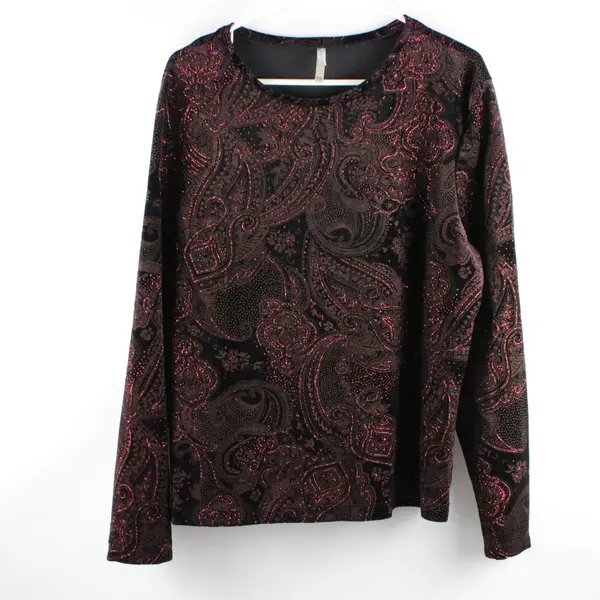 White Stage Women's XL Black Velour Red Glitter Long Sleeve Top
