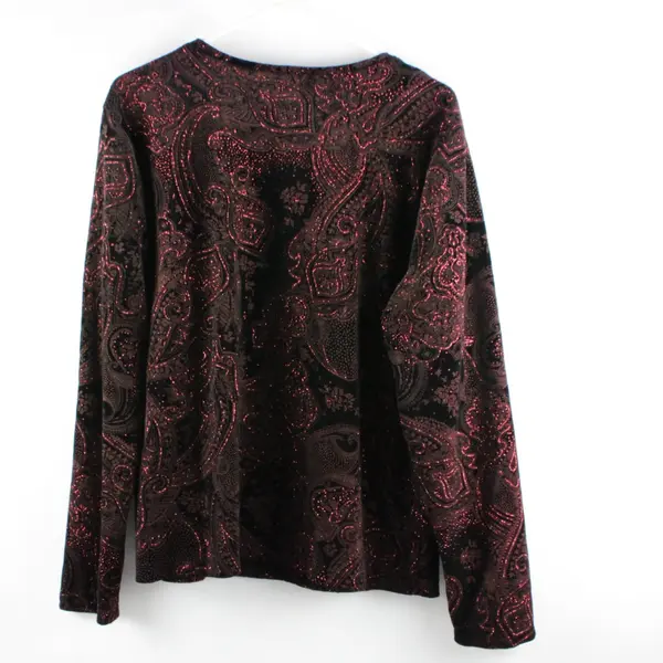 White Stage Women's XL Black Velour Red Glitter Long Sleeve Top