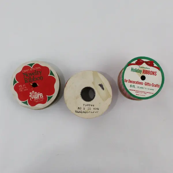 Lot of 3 Vintage Spools Holiday, Tartan & Novelty Ribbon, Asstd. Sizes