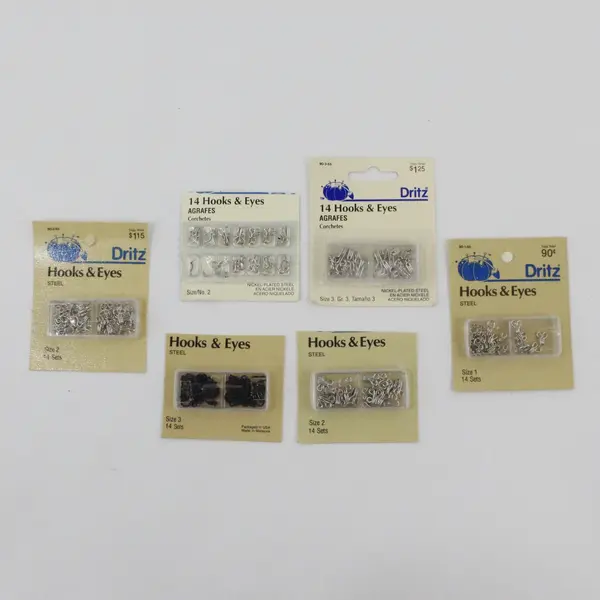 Lot of 6 Packs Dritz Hooks & Eyes Sizes 1, 2 & 3 New Nickel Black Steel