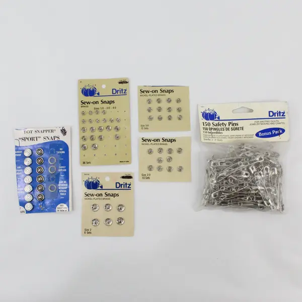 Lot of Dritz 150 Safety Pins 4 Sew-On Snap Cards Dot Snapper Sport Snaps