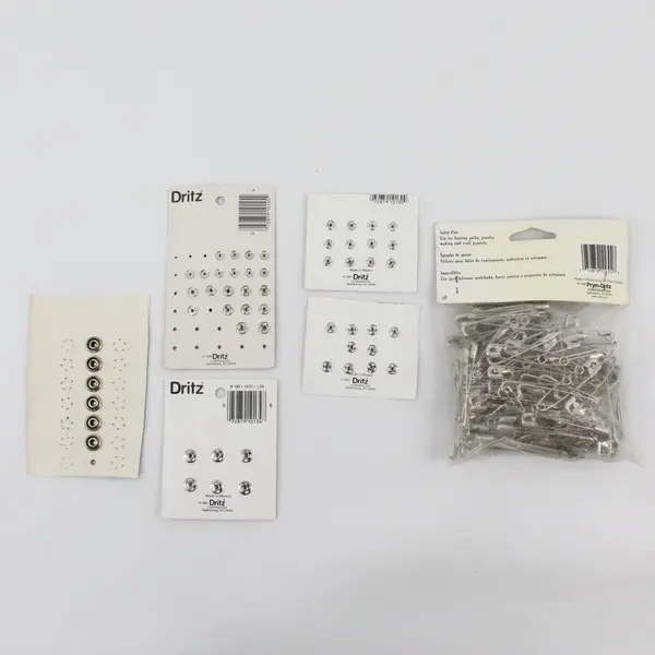 Lot of Dritz 150 Safety Pins 4 Sew-On Snap Cards Dot Snapper Sport Snaps