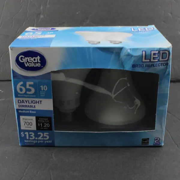 Lot of 2 Great Value LED BR30 65W Eq/10W Actual Daylight Dimmable