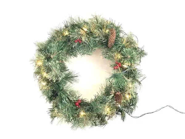 Light Up Christmas Wreath Artificial Pine Holly Berries Pine Cones Tested Works