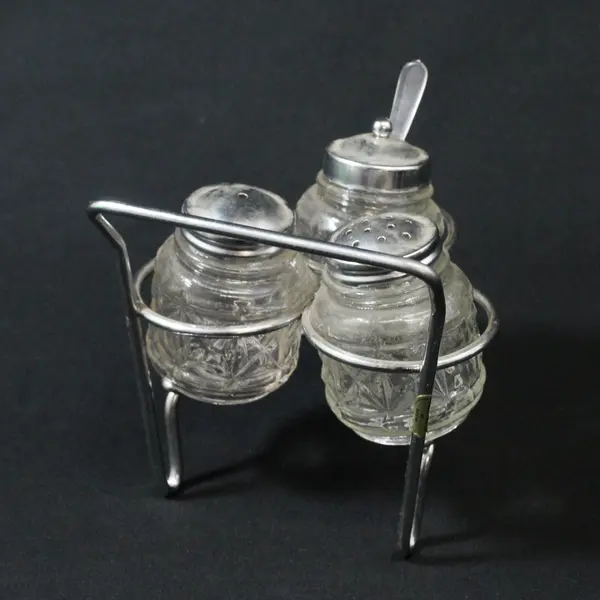 Glass Salt Pepper Sugar Shaker Set Wheelbarrow Holder