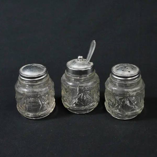 Glass Salt Pepper Sugar Shaker Set Wheelbarrow Holder