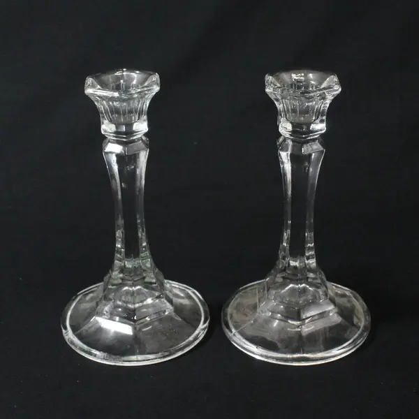 Pair Clear Glass Octagon Taper Candle Holders 8.5in