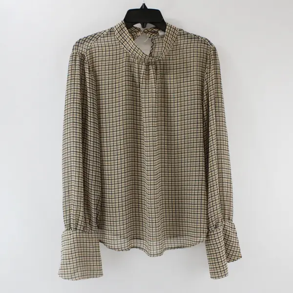 A New Day Women's Large Black Beige Plaid Trumpet Sleeve Top FLAWED