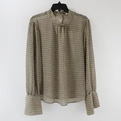 A New Day Women's Large Black Beige Plaid Trumpet Sleeve Top FLAWED
