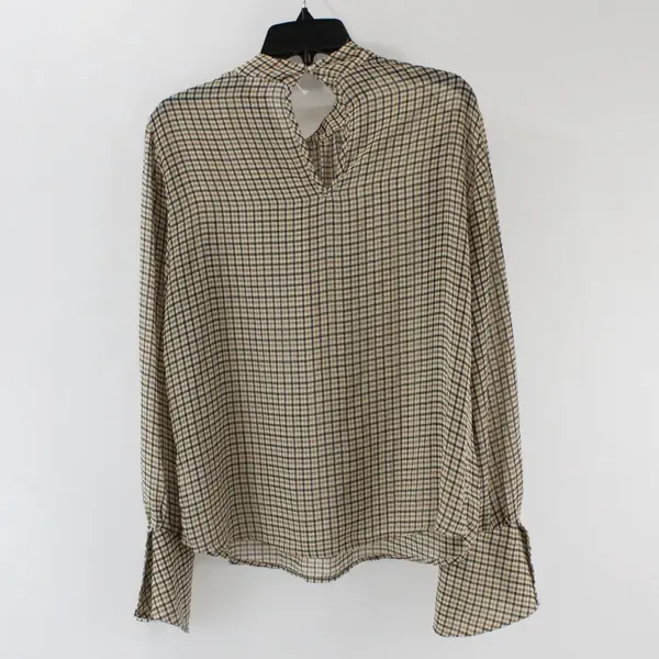 A New Day Women's Large Black Beige Plaid Trumpet Sleeve Top FLAWED