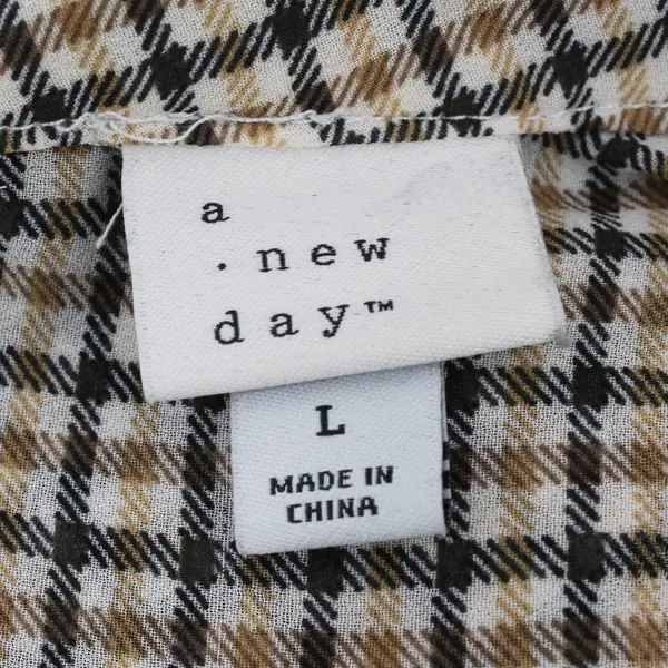 A New Day Women's Large Black Beige Plaid Trumpet Sleeve Top FLAWED