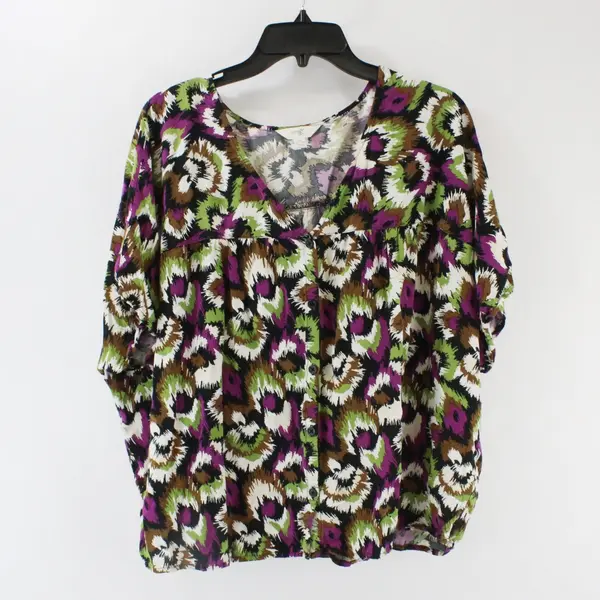 Terra & Sky Women's 2X Multicolor Print Roll Tab 3/4 Sleeve Top